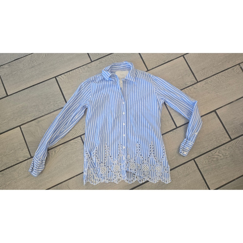 Cino Blue White Striped Eyelet Embroidered Hem Button Down Shirt XS